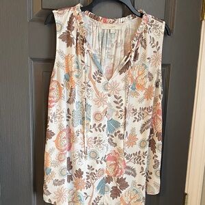 LOFT Floral V-Neck Blouse - Cream and Brown